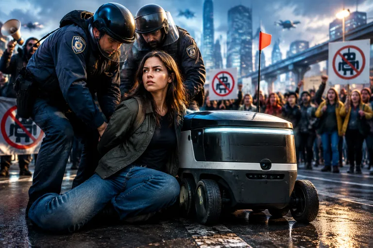 Detenida por bloquear un robot repartidor: la protesta contra la automatización llega a las calles
